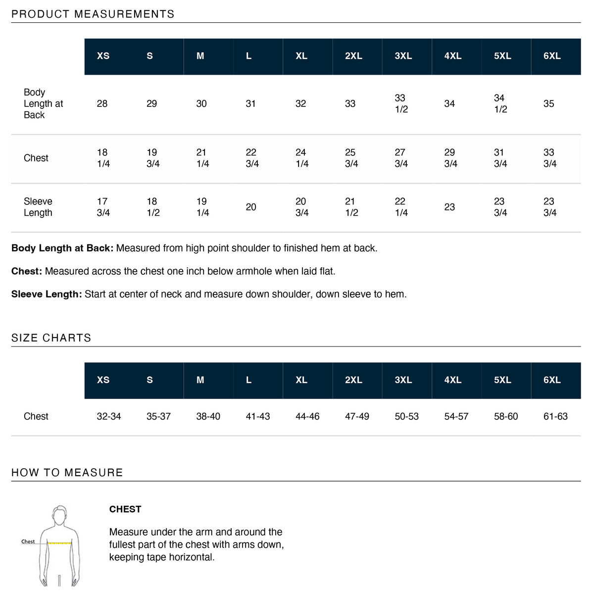 Size and measurement chart for the custom embroidered BCBA polo shirt