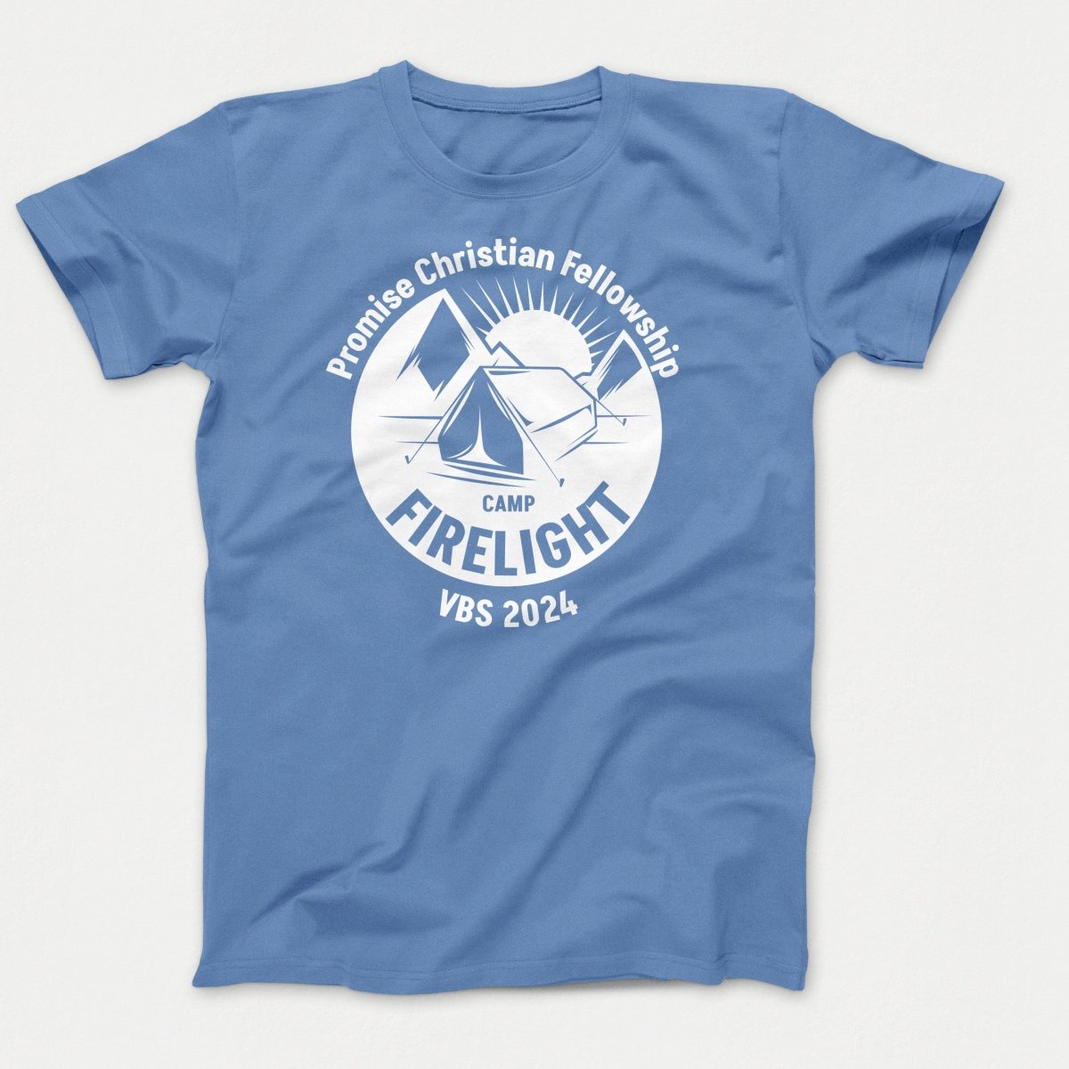 Camp Firelight VBS Shirts - Campground - Adult Shirts Carolina Blue - Polkabean