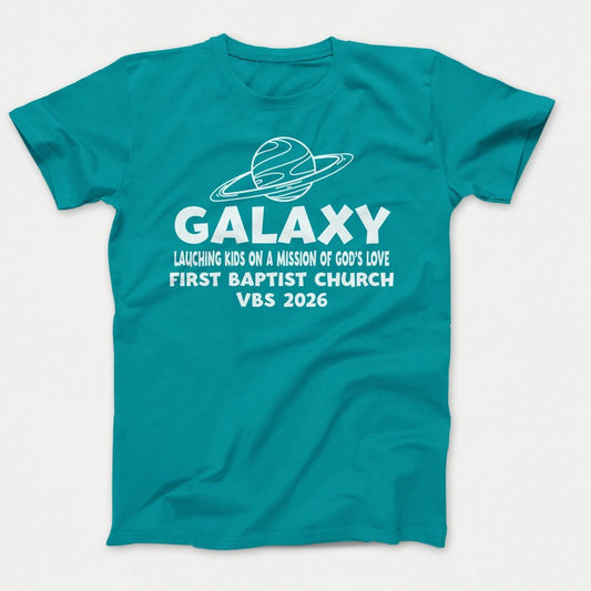 Galaxy VBS Shirts - Planet Design - Adult T-shirts Bright Aqua - Polkabean