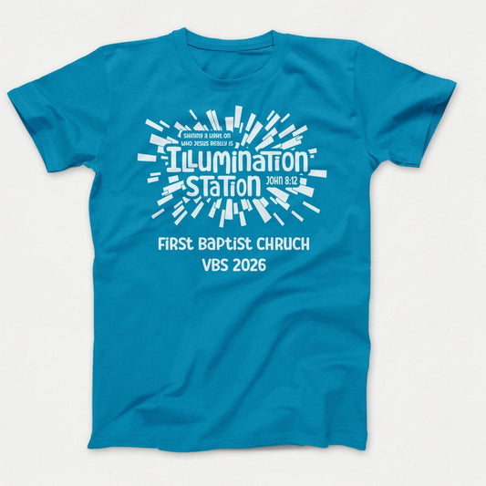 Illumination Station VBS Shirts - Geometric Logo - Youth Shirts Neon Blue - Polkabean