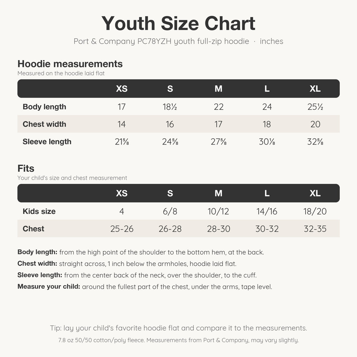 Youth size chart for the Port & Company PC78YZH full-zip hoodie, sizes XS to XL