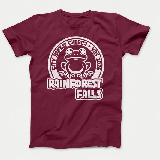 Rainforest Falls VBS Kids Shirts Frog Design Athletic Maroon - Polkabean