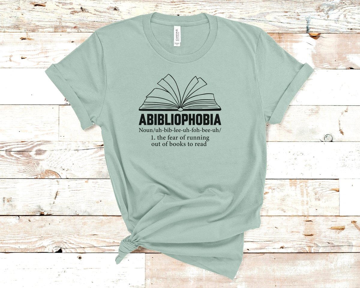 Abibliophobia Book Lovers T-shirt Heather Prism Dusty Blue - Polkabean