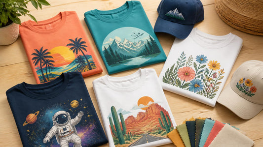 Bright flat lay of printed custom apparel, "Coming this month" feel