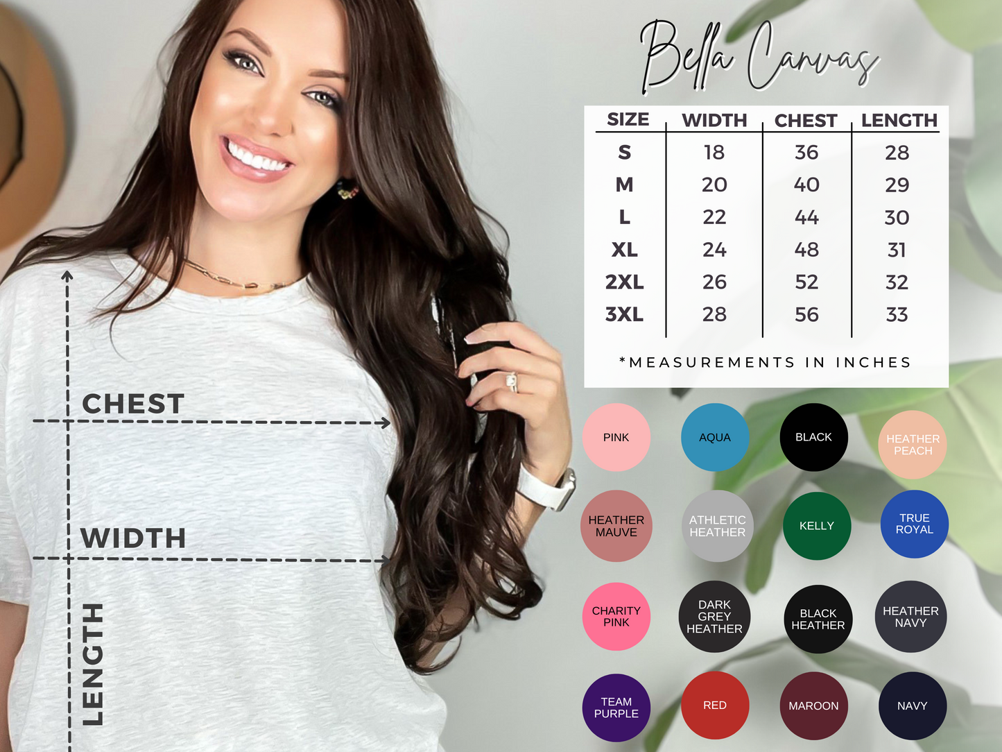 Bella Canvas Shirts Size and Color Chart