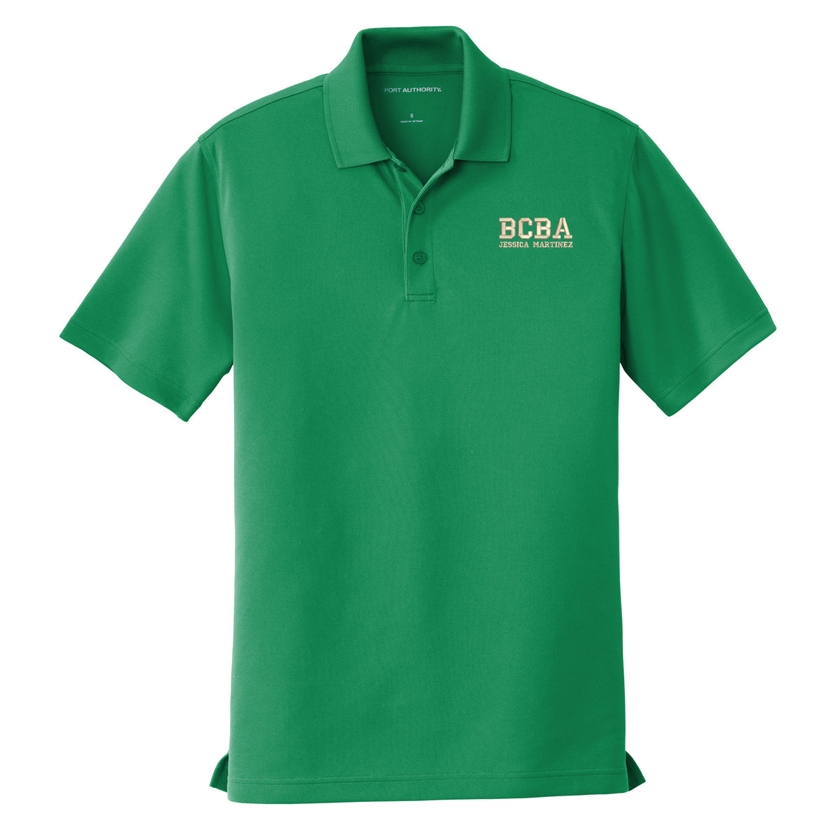Bright Kelly Green custom embroidered BCBA polo shirt with champagne varsity-font BCBA and name on left chest