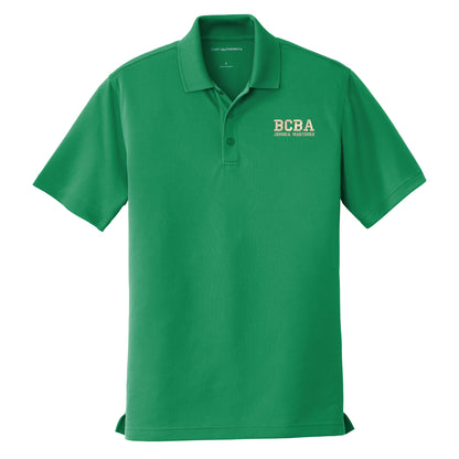 Bright Kelly Green custom embroidered BCBA polo shirt with champagne varsity-font BCBA and name on left chest