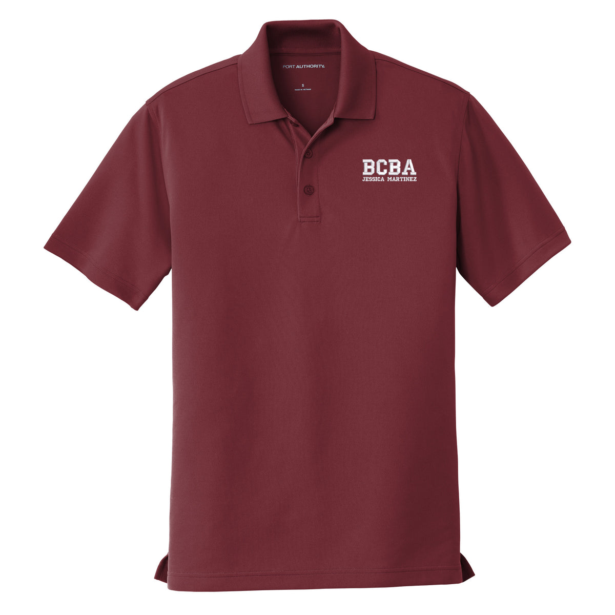 Burgundy custom embroidered BCBA polo shirt with super white varsity-font BCBA and name on left chest