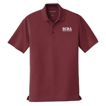 Burgundy custom embroidered BCBA polo shirt with super white varsity-font BCBA and name on left chest
