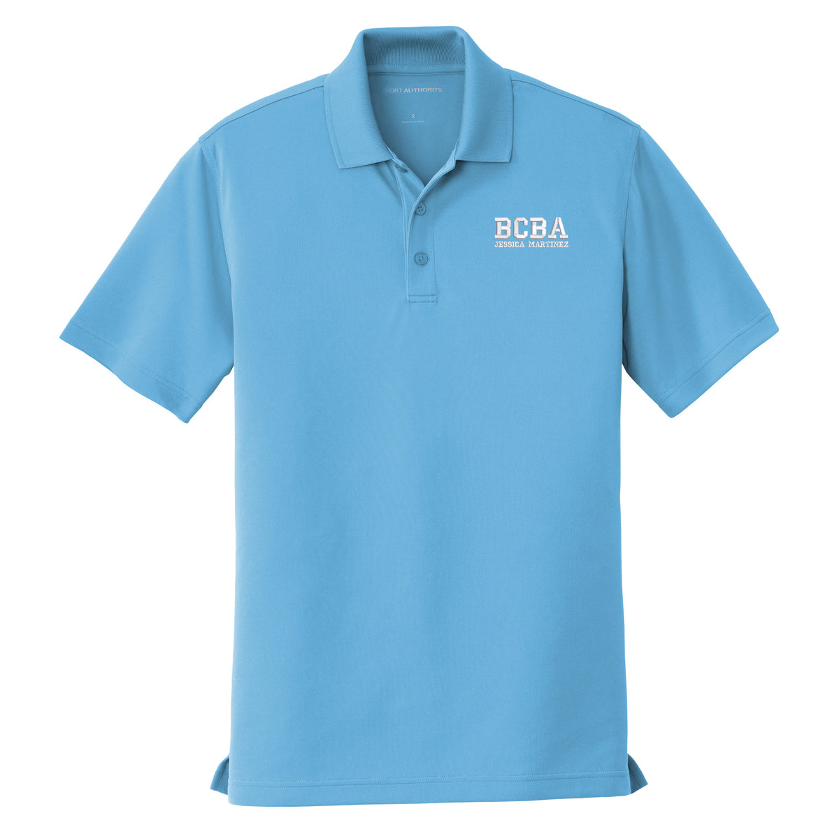 Carolina Blue custom embroidered BCBA polo shirt with super white varsity-font BCBA and name on left chest