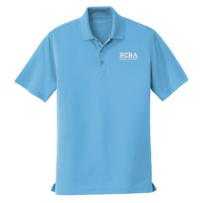 Carolina Blue custom embroidered BCBA polo shirt with super white varsity-font BCBA and name on left chest