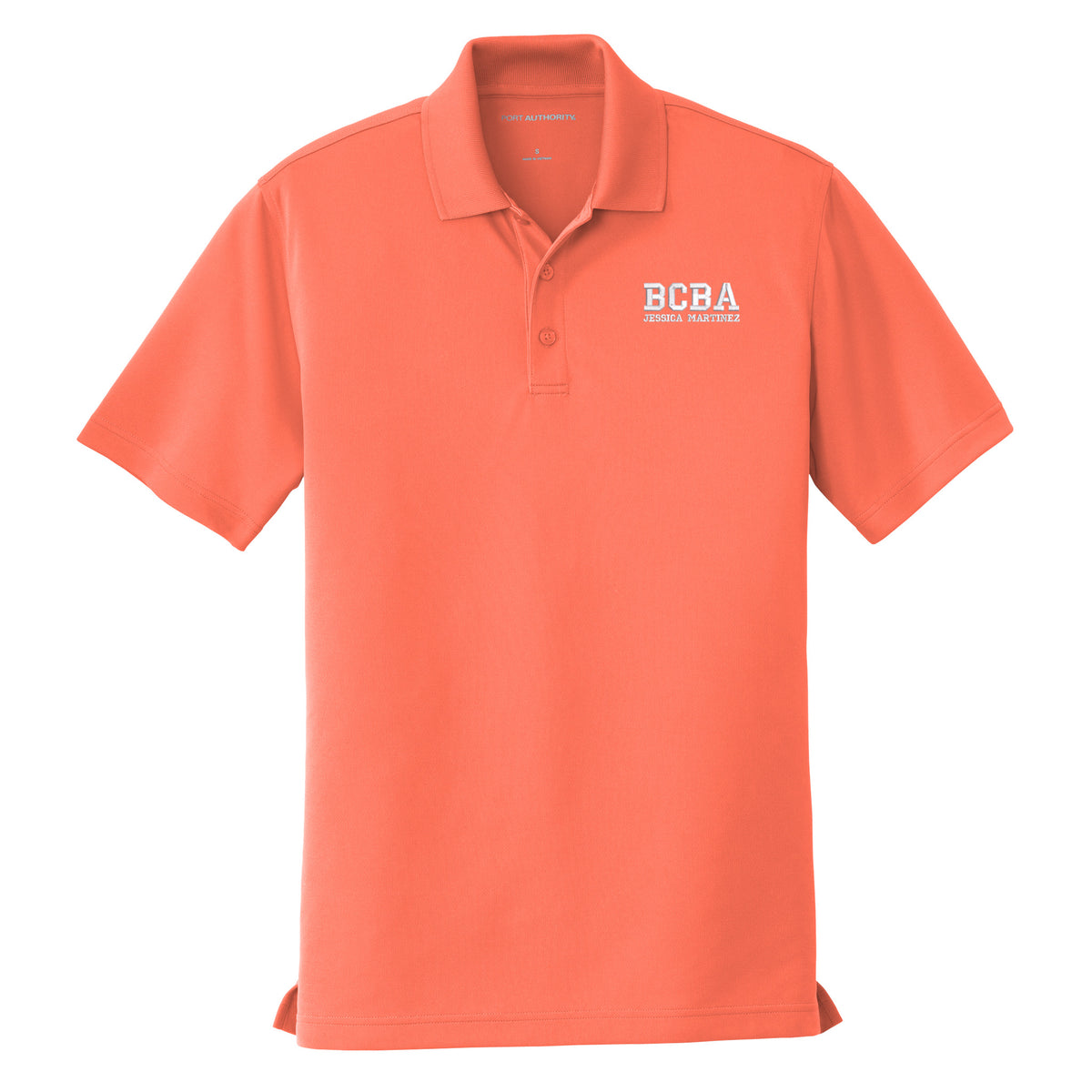 Coral Splash custom embroidered BCBA polo shirt with super white varsity-font BCBA and name on left chest