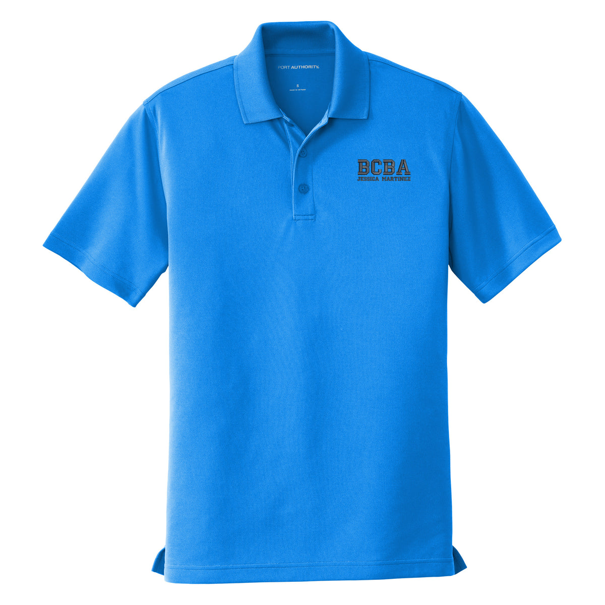 Coastal Blue custom embroidered BCBA polo shirt with navy varsity-font BCBA and name on left chest