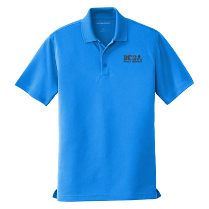 Coastal Blue custom embroidered BCBA polo shirt with navy varsity-font BCBA and name on left chest