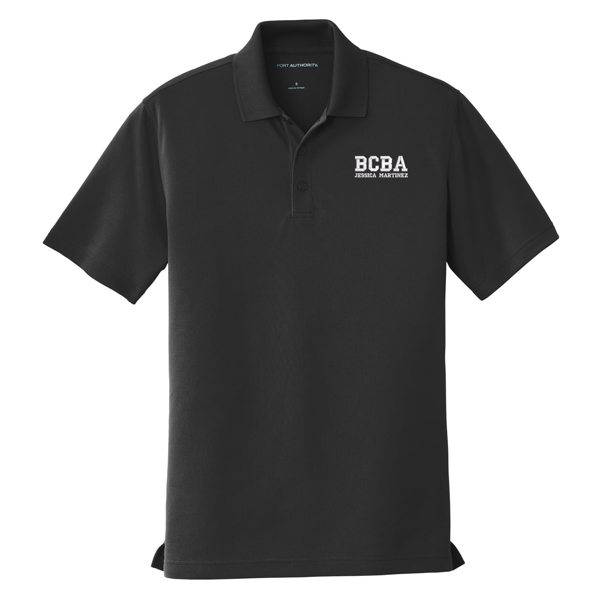 Deep Black custom embroidered BCBA polo shirt with super white varsity-font BCBA and name on left chest