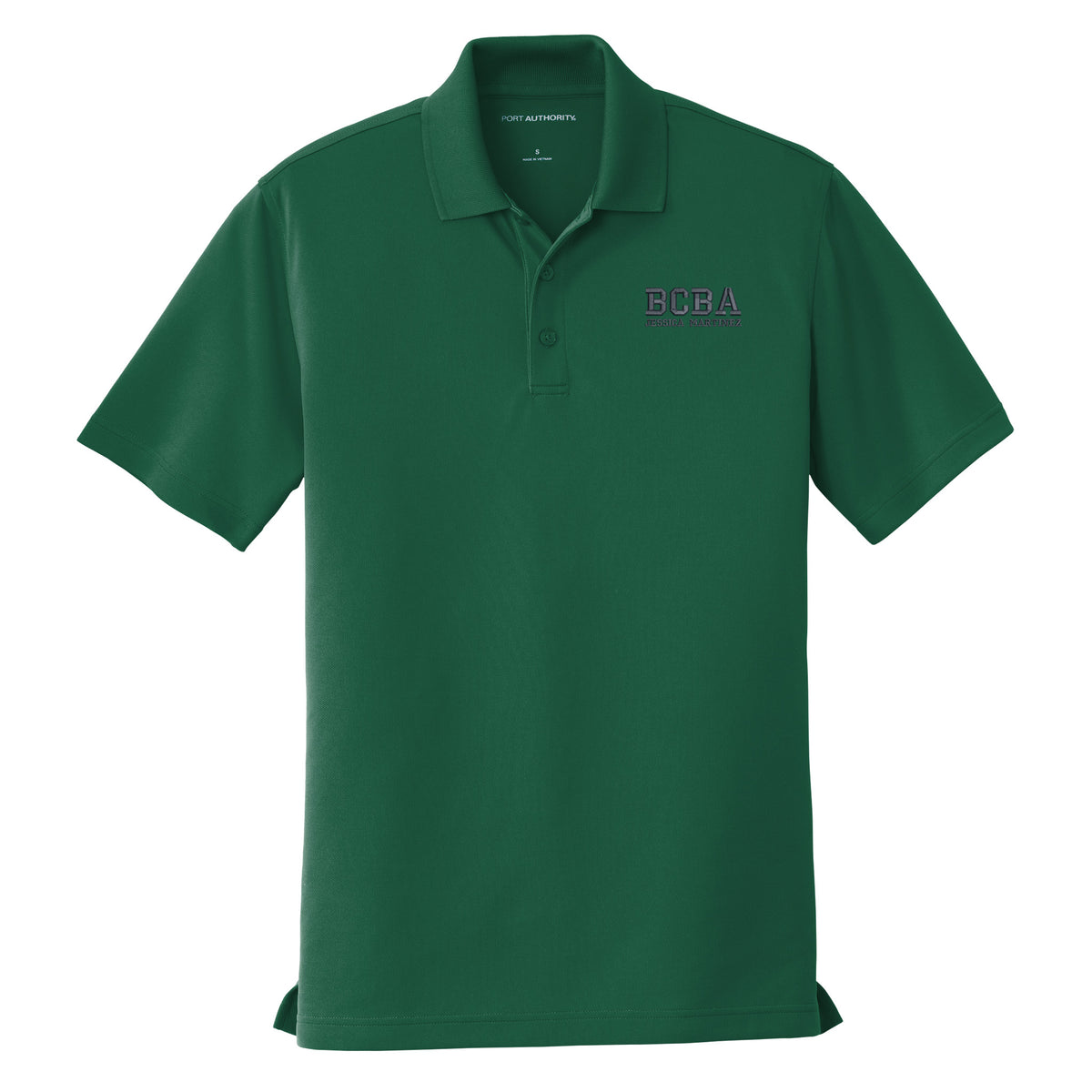 Deep Forest Green custom embroidered BCBA polo shirt with navy varsity-font BCBA and name on left chest