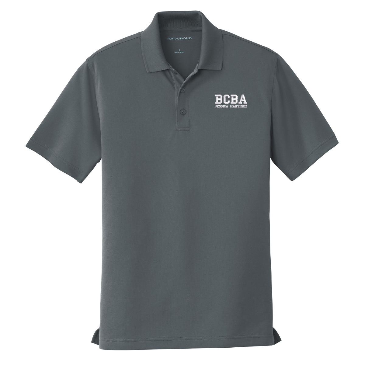 Granite gray custom embroidered BCBA polo shirt with super white varsity-font BCBA and name on left chest