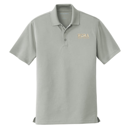 Gusty Gray custom embroidered BCBA polo shirt with champagne varsity-font BCBA and name on left chest