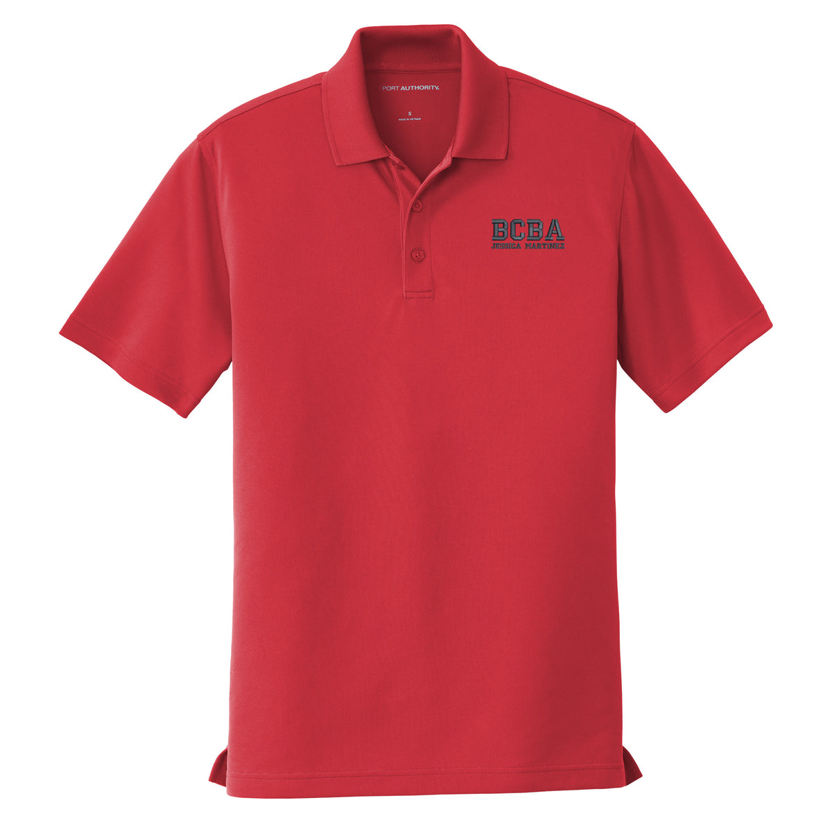 Red custom embroidered BCBA polo shirt with navy varsity-font BCBA and name on left chest