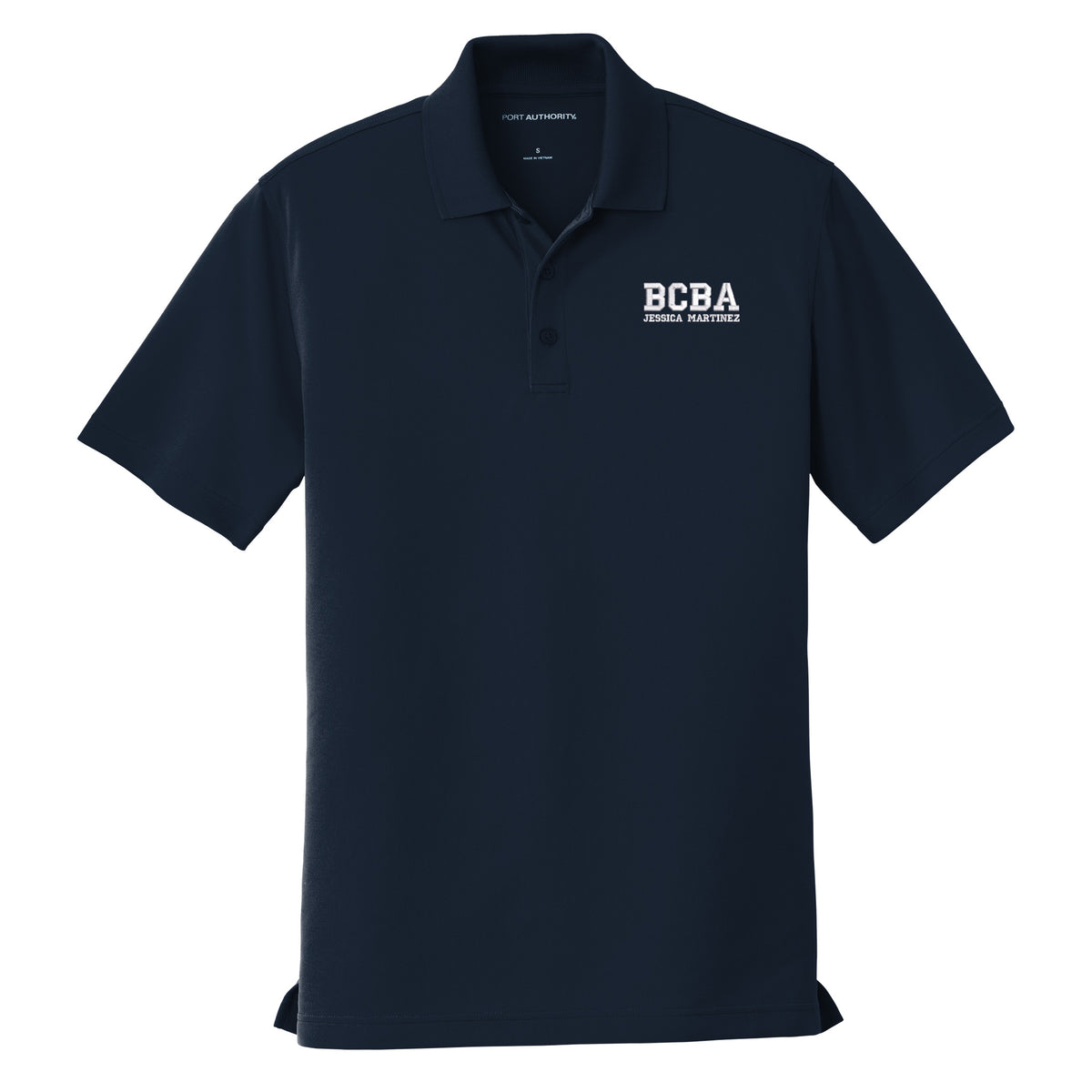 River Blue Navy custom embroidered BCBA polo shirt with super white varsity-font BCBA and name on left chest