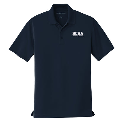 River Blue Navy custom embroidered BCBA polo shirt with super white varsity-font BCBA and name on left chest