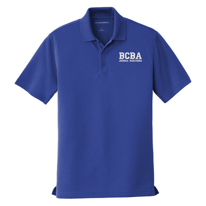 Royal blue custom embroidered BCBA polo shirt with super white varsity-font BCBA and name on left chest