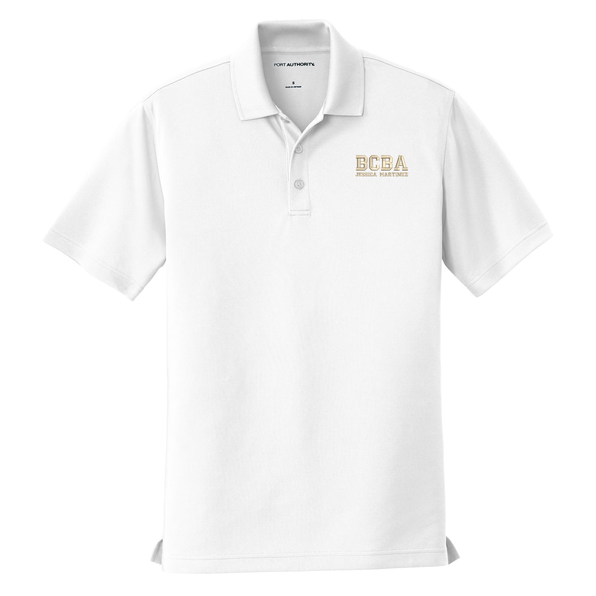 White custom embroidered BCBA polo shirt with champagne varsity-font BCBA and name on left chest