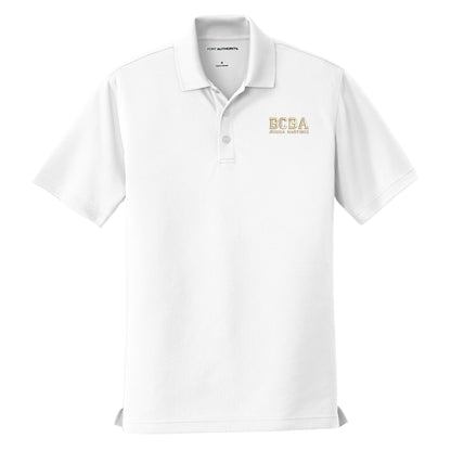 White custom embroidered BCBA polo shirt with champagne varsity-font BCBA and name on left chest
