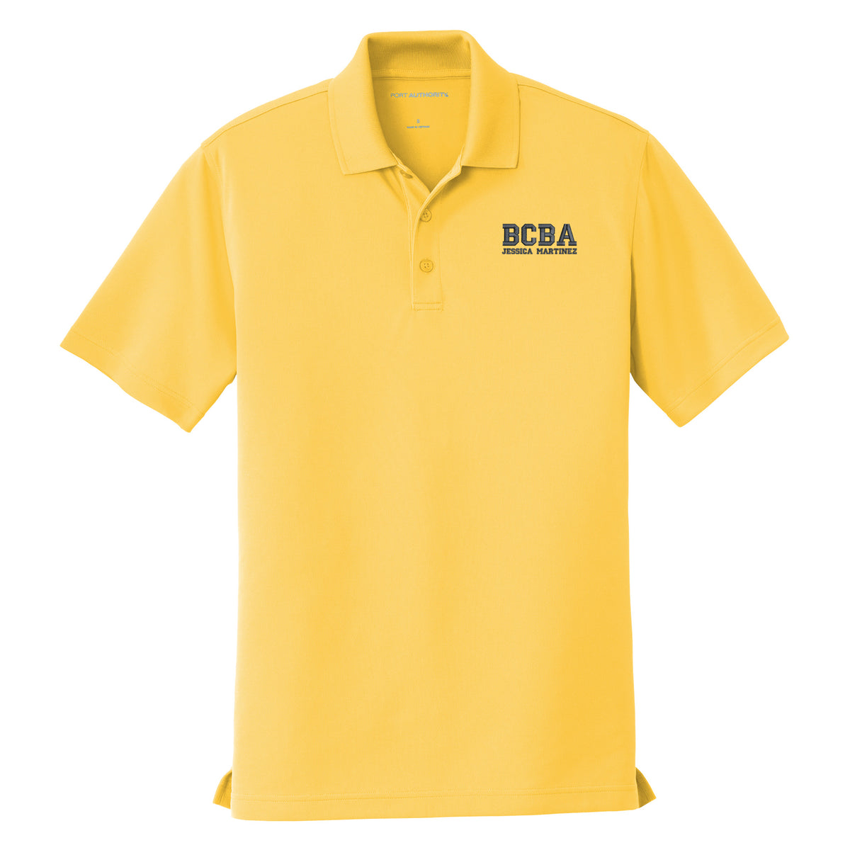 Yellow custom embroidered BCBA polo shirt with navy varsity-font BCBA and name on left chest