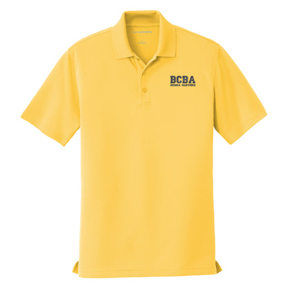 Yellow custom embroidered BCBA polo shirt with navy varsity-font BCBA and name on left chest