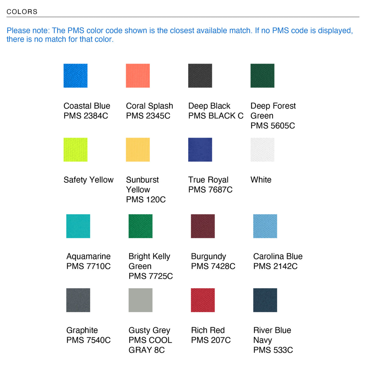 Polo color chart for the custom embroidered BCBA polo shirt