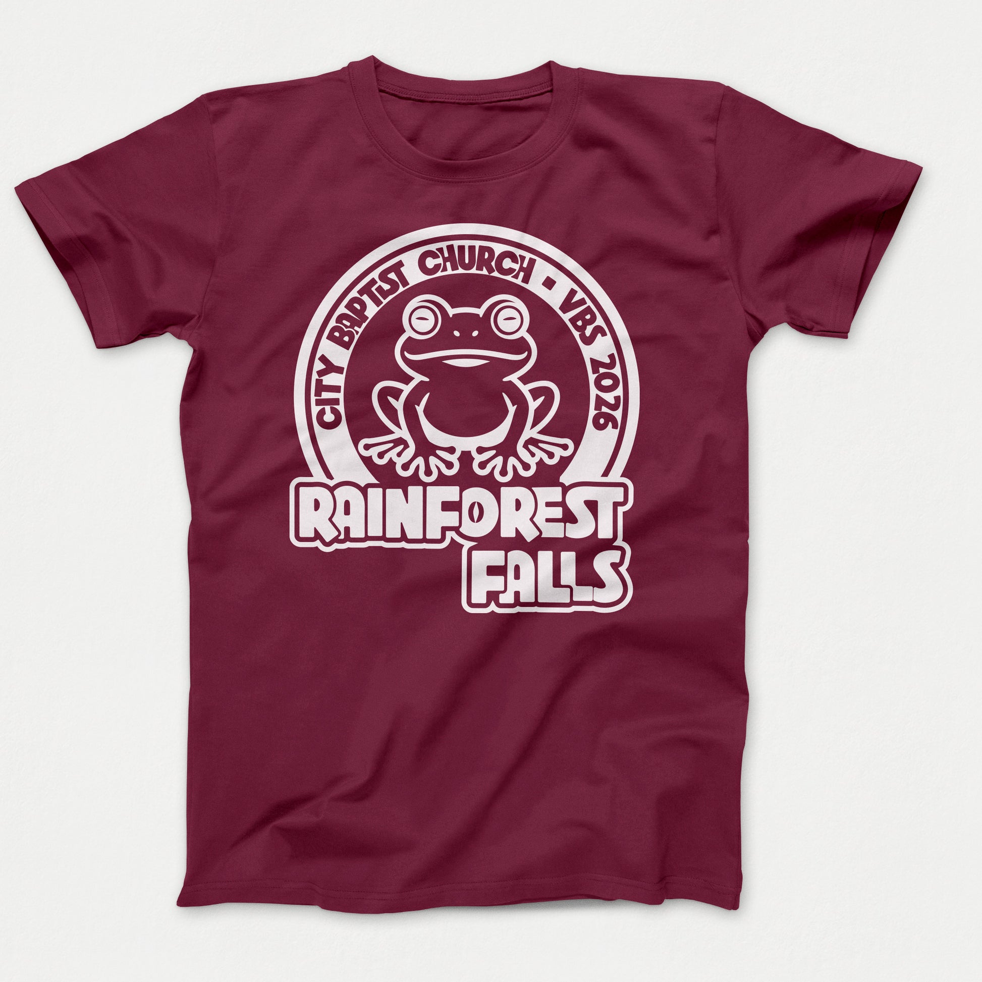 Rainforest Falls VBS Shirt Frog Design Adult  Athletic Maroon