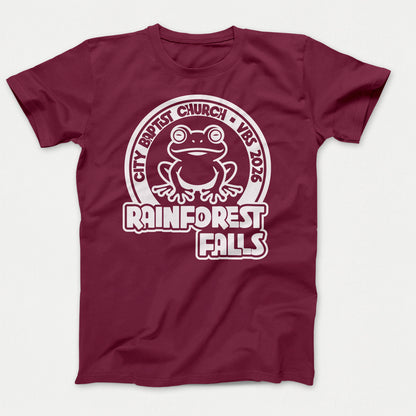 Rainforest Falls VBS Shirt Frog Design Adult  Athletic Maroon