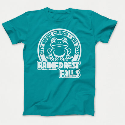 Rainforest Falls VBS Shirt Frog Design Adult Bright Aqua