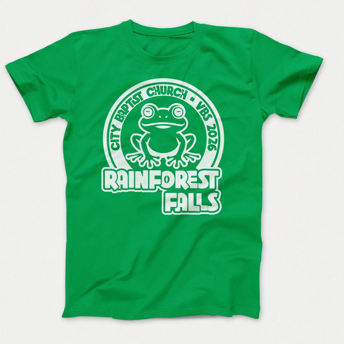 Rainforest Falls VBS Shirt Frog Design Adult CloverGreen