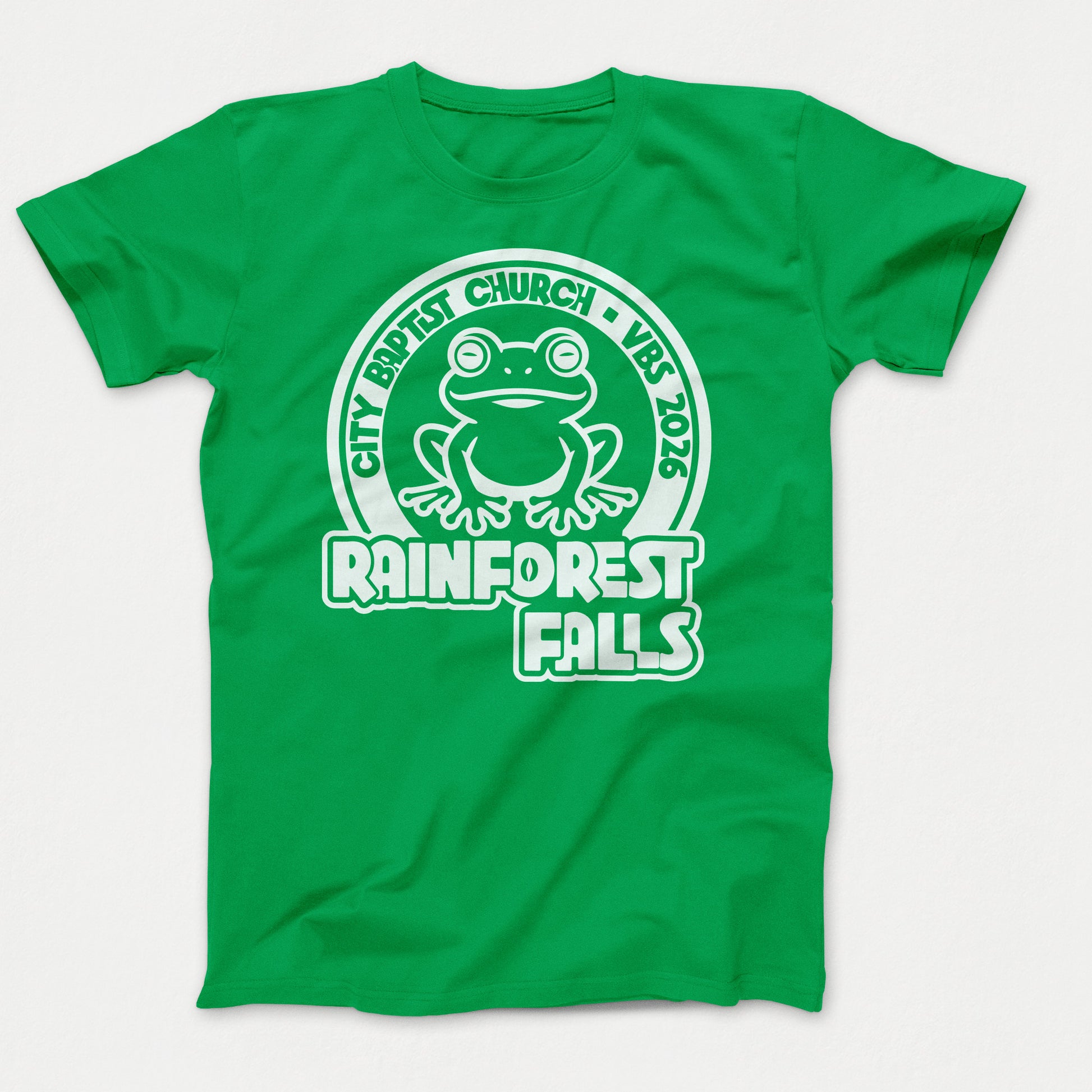 Rainforest Falls VBS Shirt Frog Design Adult CloverGreen
