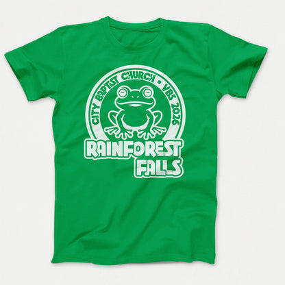 Rainforest Falls VBS Shirt Frog Design Adult CloverGreen