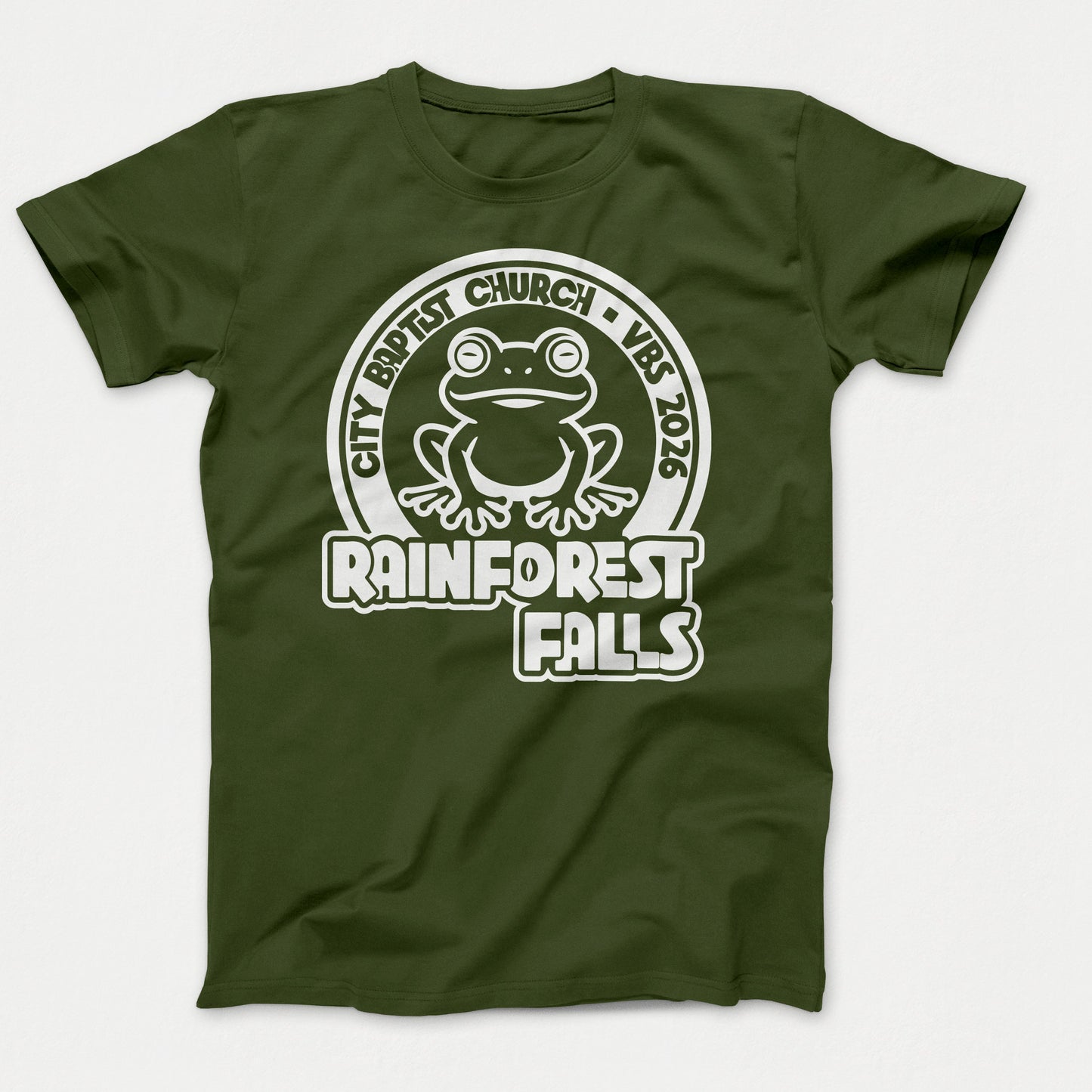 Rainforest Falls VBS Shirt Frog Design Adult Olive