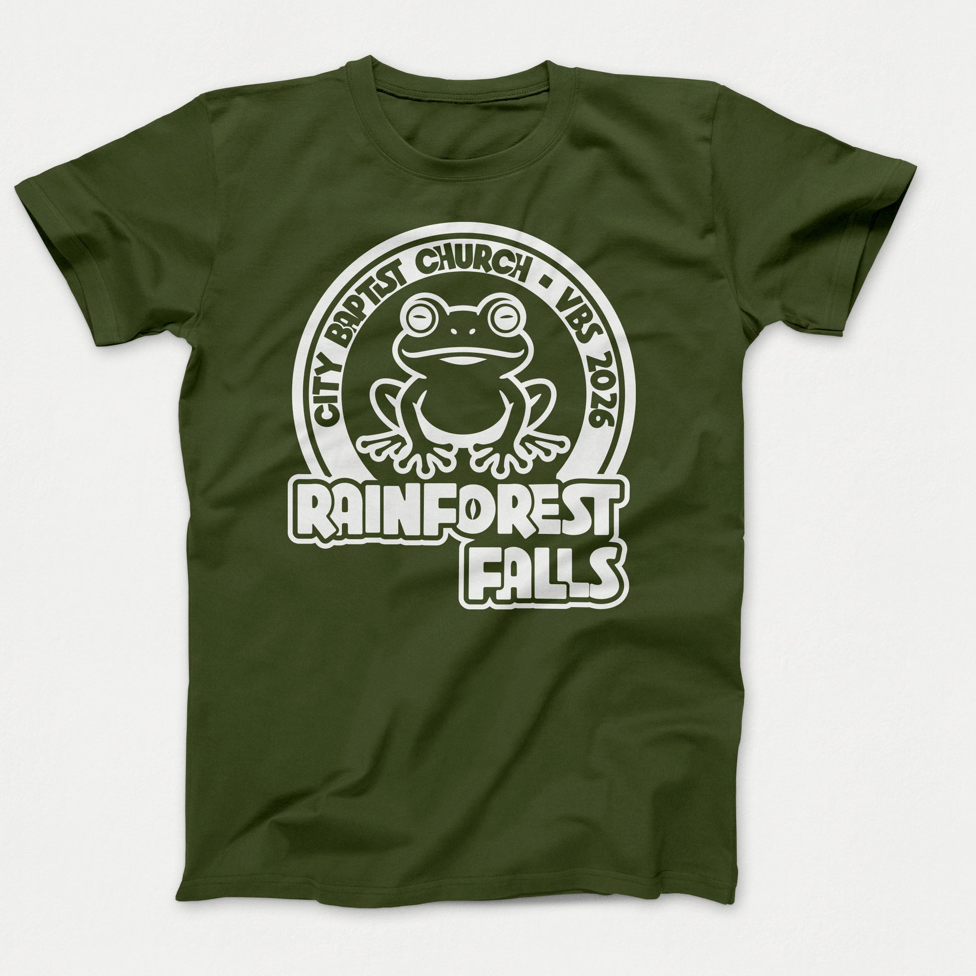 Rainforest Falls VBS Shirt Frog Design Adult Olive