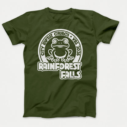 Rainforest Falls VBS Shirt Frog Design Adult Olive