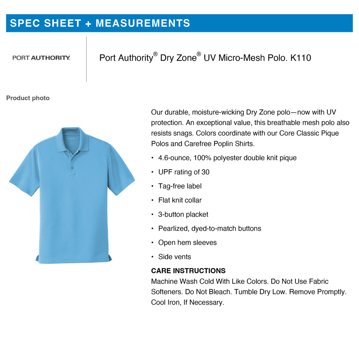 Specification sheet for the custom embroidered BCBA polo shirt