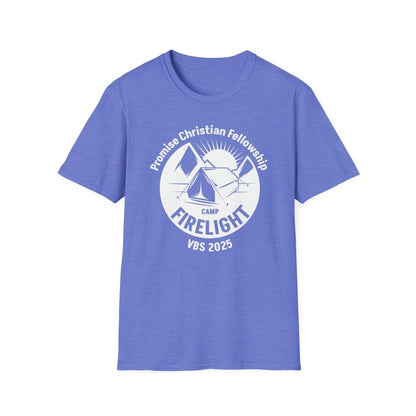 Camp Firelight Unisex T-Shirt - Great for Summer Camps, Family Gatherings, Christian Events, Gift Ideas, Camping Trips - Heather Royl XS - Polkabean