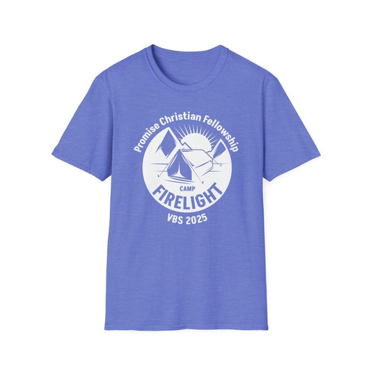 Camp Firelight Unisex T-Shirt - Great for Summer Camps, Family Gatherings, Christian Events, Gift Ideas, Camping Trips - Heather Royl XS - Polkabean