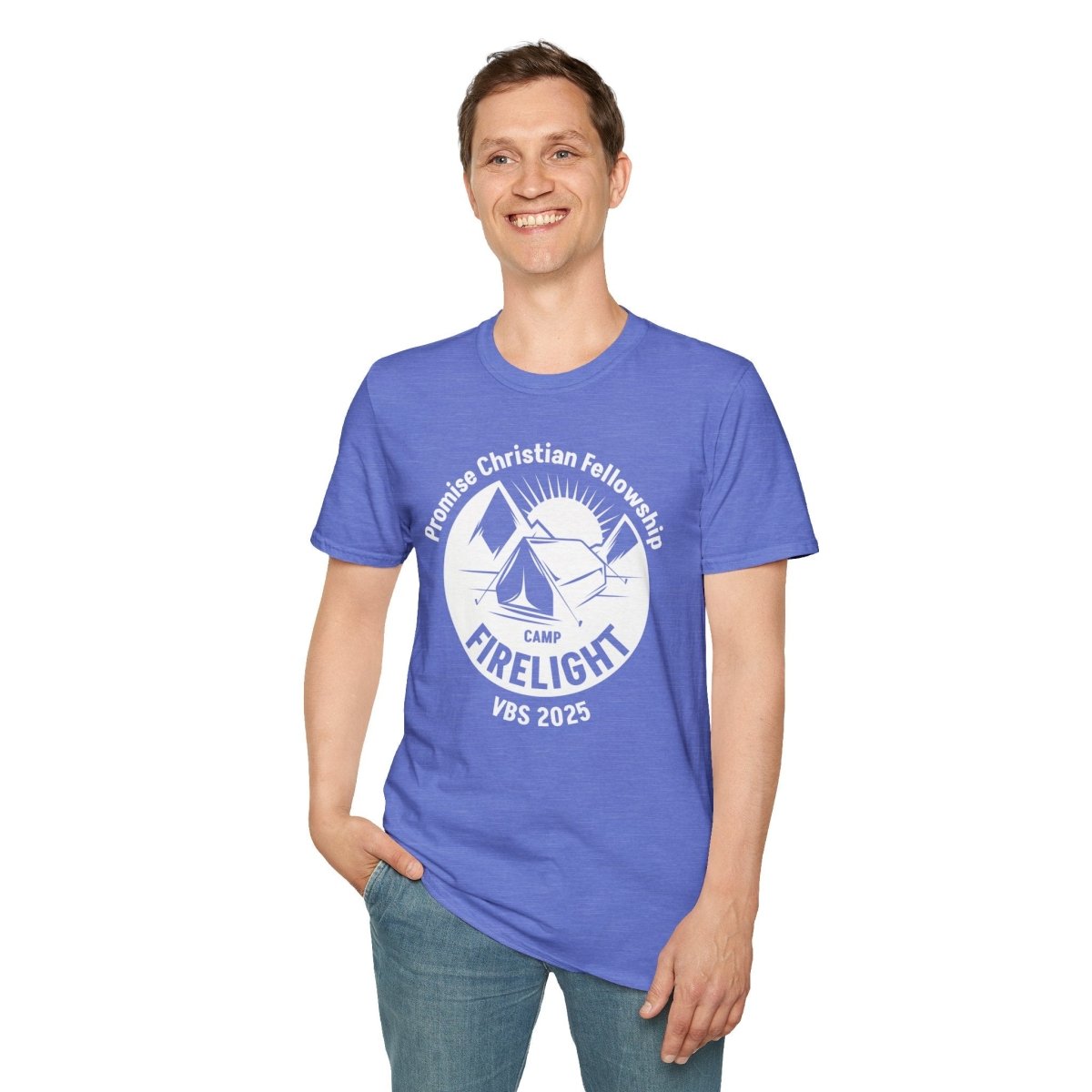 Camp Firelight Unisex T-Shirt - Great for Summer Camps, Family Gatherings, Christian Events, Gift Ideas, Camping Trips - Heather Royl XS - Polkabean