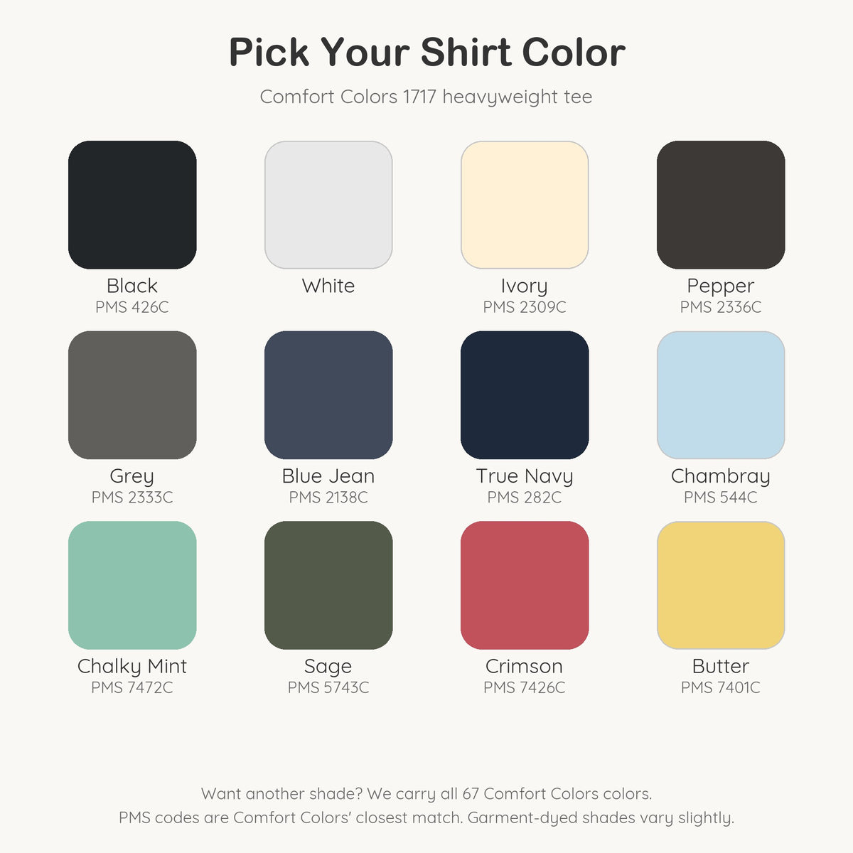 Comfort Colors 1717 color chart showing the 12 featured shirt colors with PMS codes