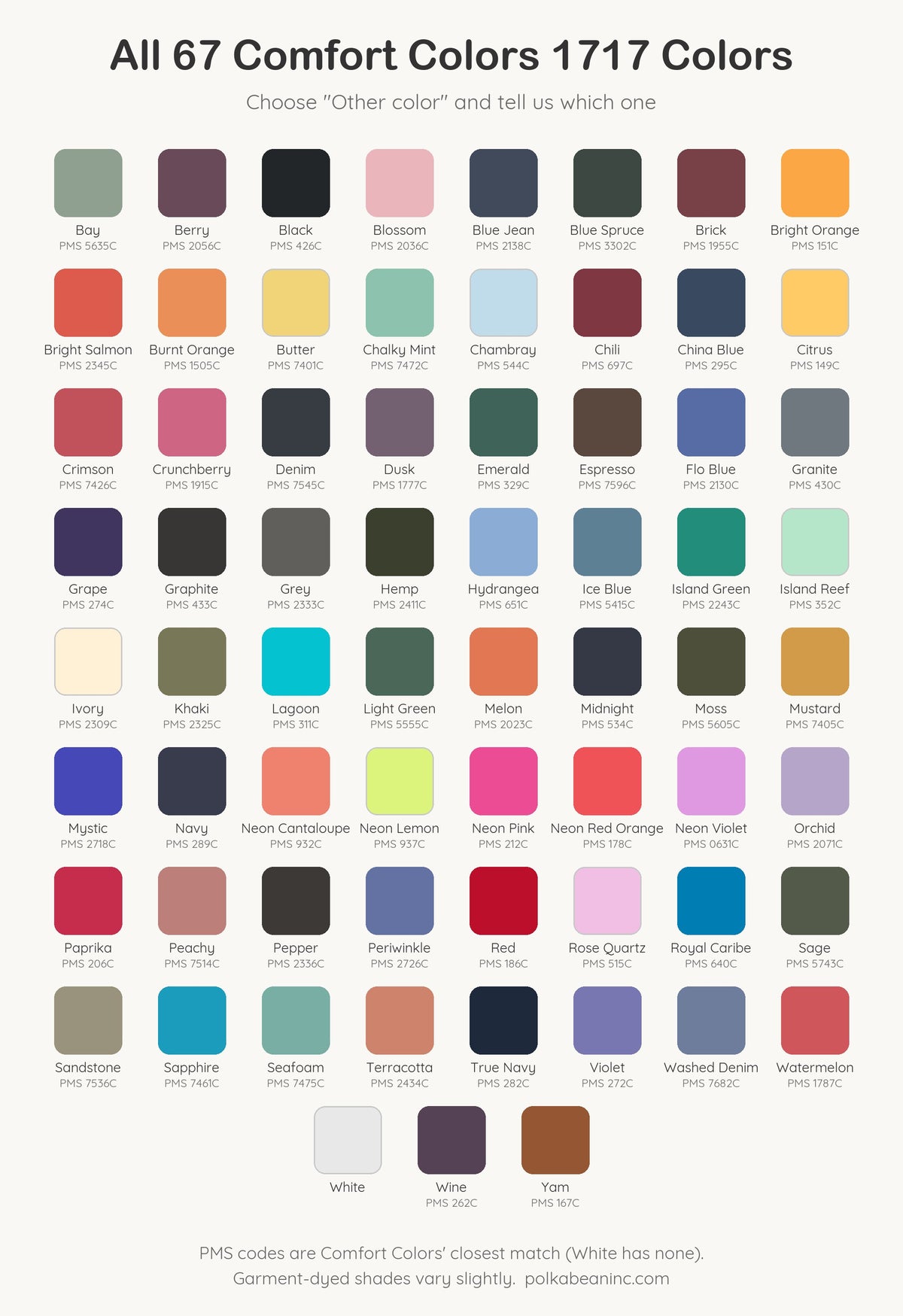 Chart of all 67 Comfort Colors 1717 shirt colors with PMS codes, available on request