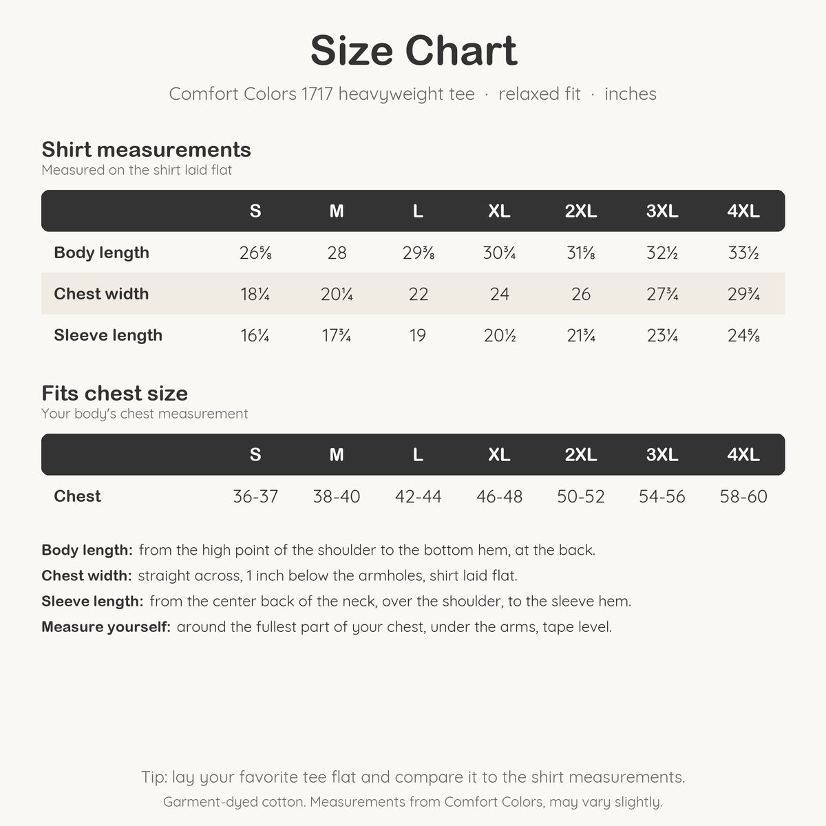 Comfort Colors 1717 size chart with body length, chest width and sleeve length for sizes S to 4XL