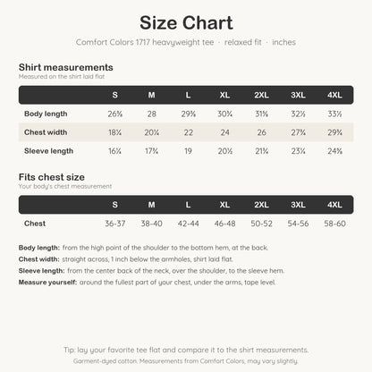 Comfort Colors 1717 size chart with body length, chest width and sleeve length for sizes S to 4XL