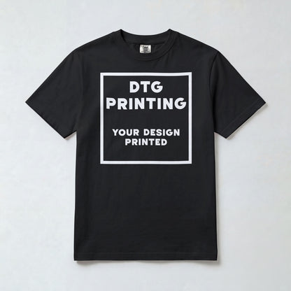Custom Comfort Colors 1717 t-shirt in Black with a sample white-ink DTG print