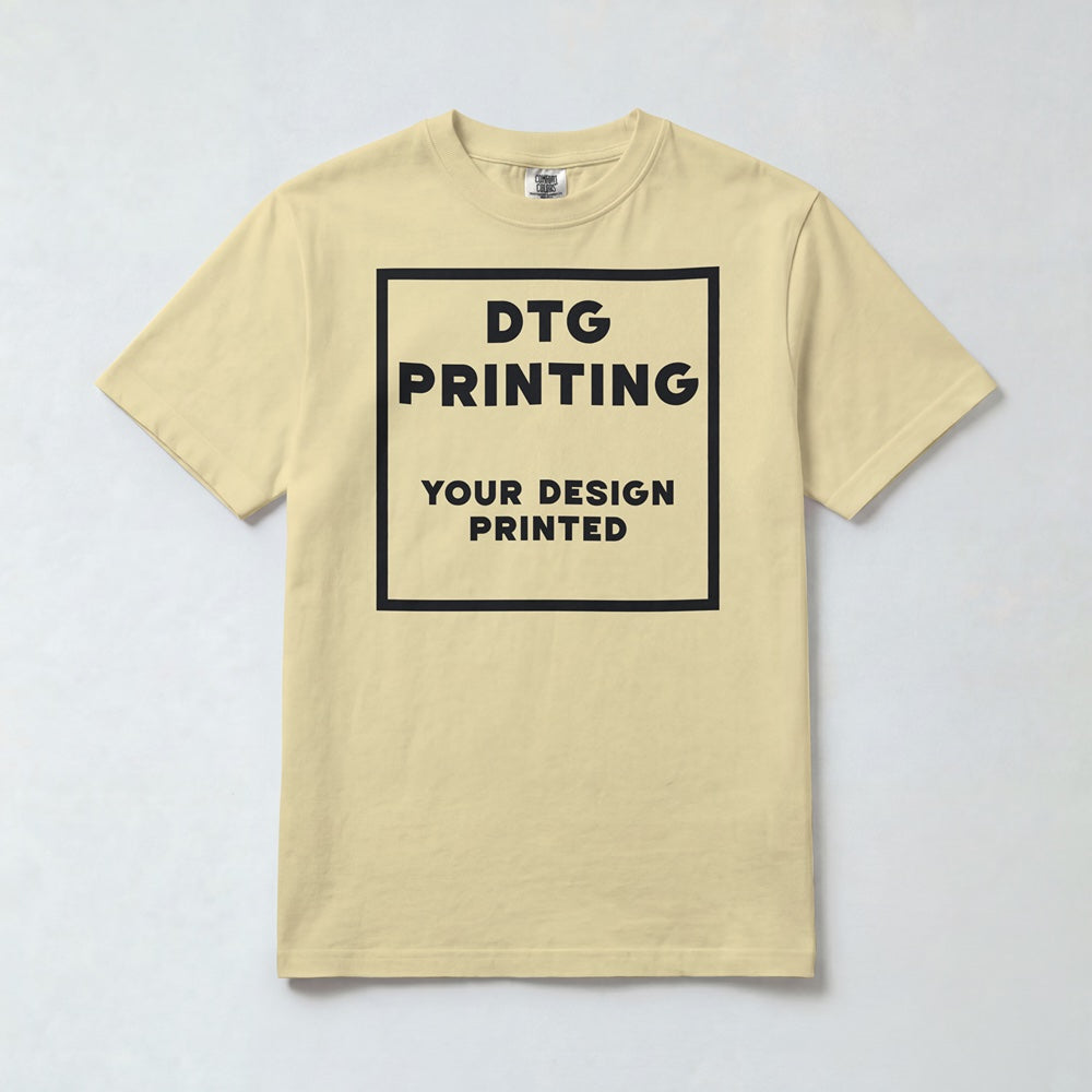 Custom Comfort Colors 1717 t-shirt in Butter with a sample black-ink DTG print